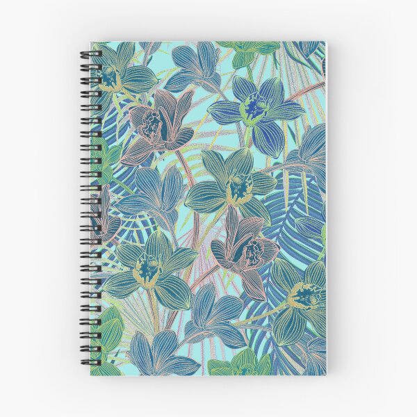 Item preview, Tropical pattern with yellow and green and blue exotic foliage with acid orchids on turquoise background designed and sold by ANAKOTO.