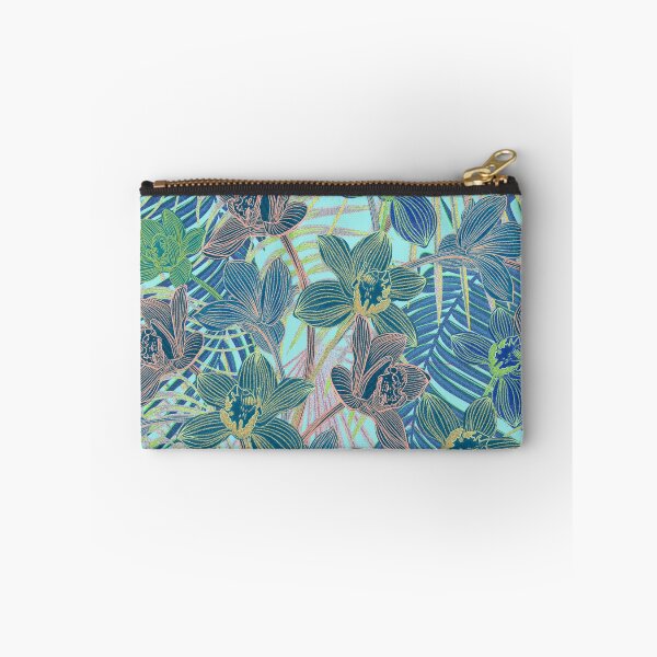 Item preview, Tropical pattern with yellow and green and blue exotic foliage with acid orchids on turquoise background designed and sold by ANAKOTO.