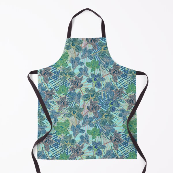 Item preview, Tropical pattern with yellow and green and blue exotic foliage with acid orchids on turquoise background designed and sold by ANAKOTO.