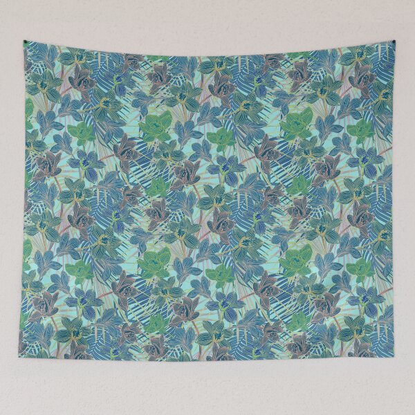 Item preview, Tropical pattern with yellow and green and blue exotic foliage with acid orchids on turquoise background designed and sold by ANAKOTO.