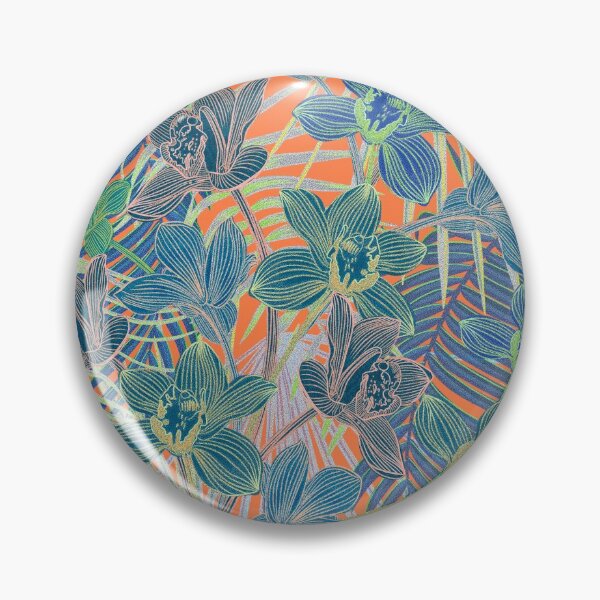Item preview, Tropical pattern with yellow and green and blue exotic foliage with acid orchids on orange background designed and sold by ANAKOTO.