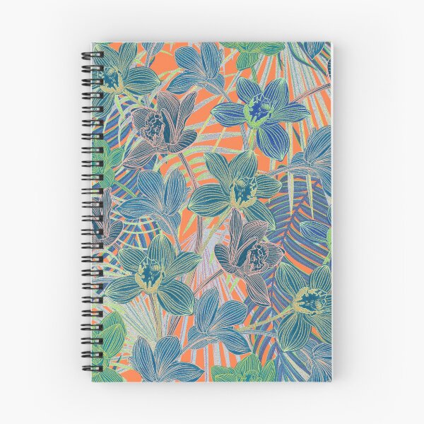 Item preview, Tropical pattern with yellow and green and blue exotic foliage with acid orchids on orange background designed and sold by ANAKOTO.