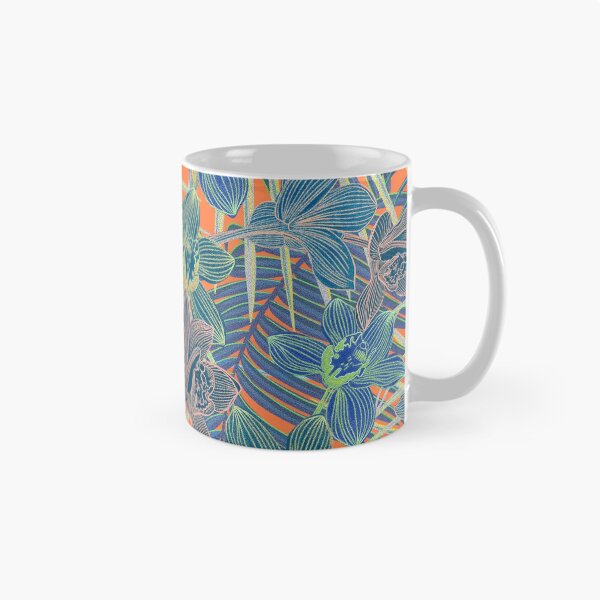 Item preview, Tropical pattern with yellow and green and blue exotic foliage with acid orchids on orange background designed and sold by ANAKOTO.
