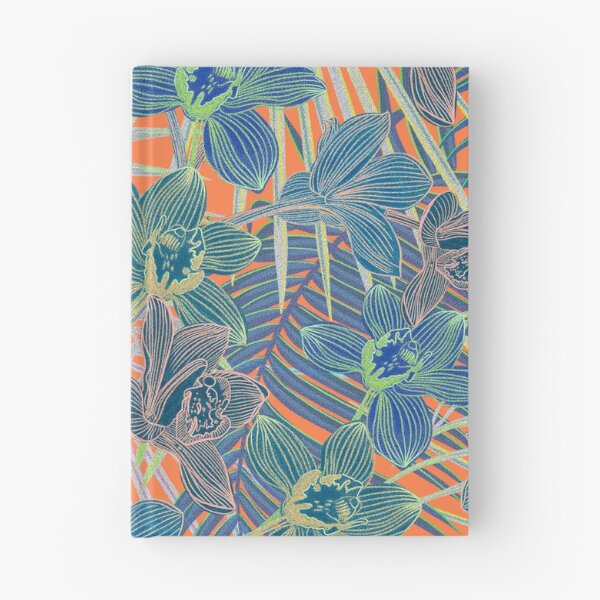 Item preview, Tropical pattern with yellow and green and blue exotic foliage with acid orchids on orange background designed and sold by ANAKOTO.