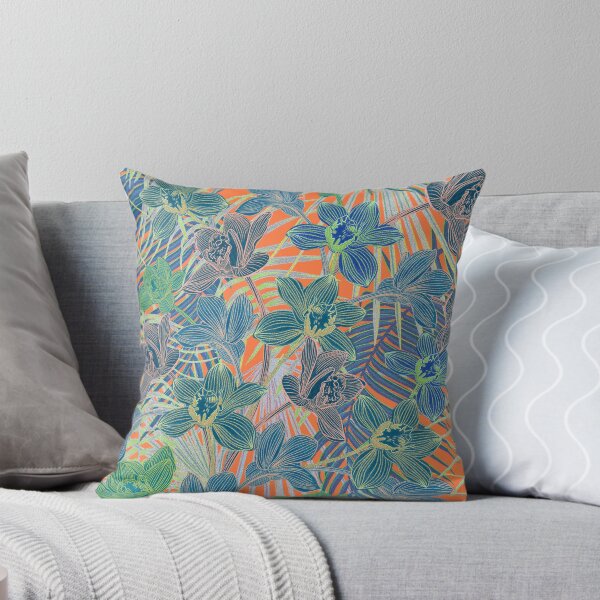 Item preview, Tropical pattern with yellow and green and blue exotic foliage with acid orchids on orange background designed and sold by ANAKOTO.
