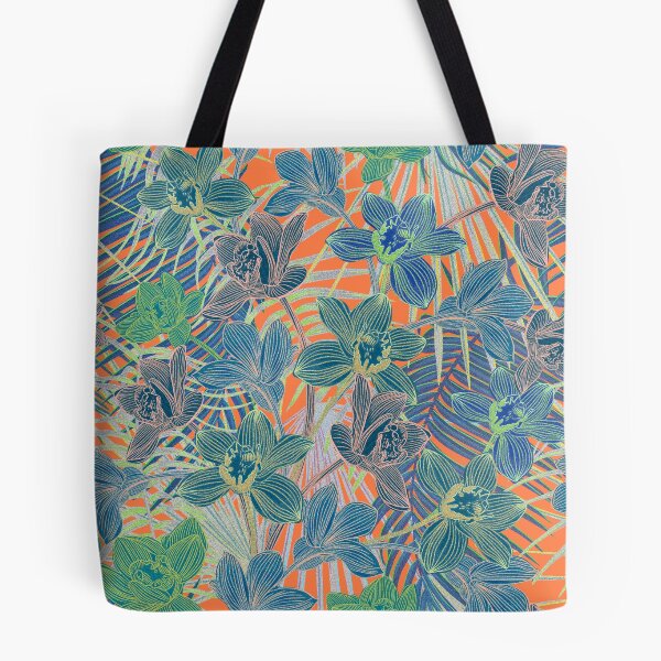 Item preview, Tropical pattern with yellow and green and blue exotic foliage with acid orchids on orange background designed and sold by ANAKOTO.