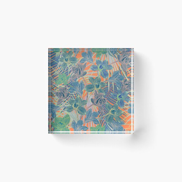 Item preview, Tropical pattern with yellow and green and blue exotic foliage with acid orchids on orange background designed and sold by ANAKOTO.