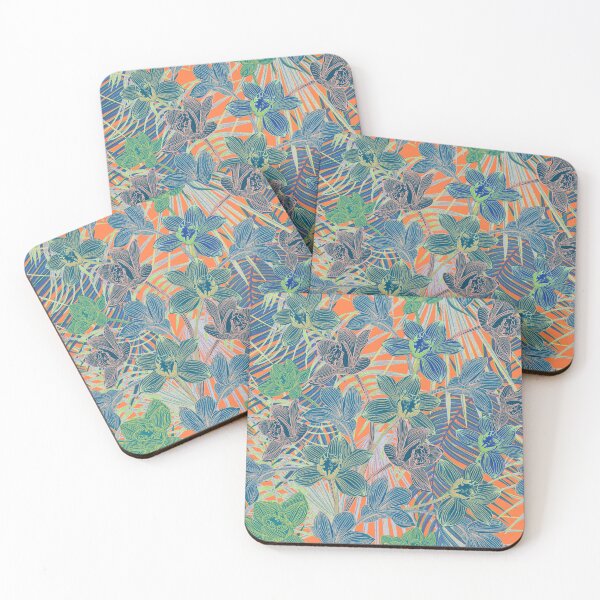 Item preview, Tropical pattern with yellow and green and blue exotic foliage with acid orchids on orange background designed and sold by ANAKOTO.
