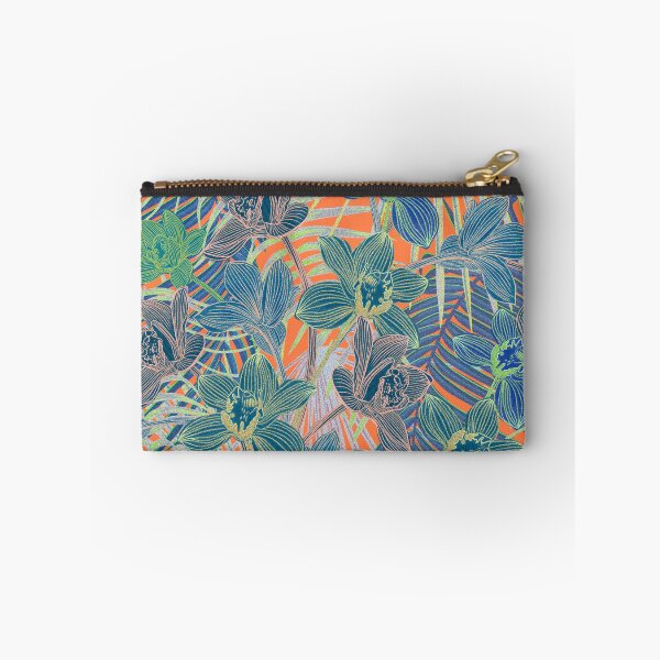 Item preview, Tropical pattern with yellow and green and blue exotic foliage with acid orchids on orange background designed and sold by ANAKOTO.