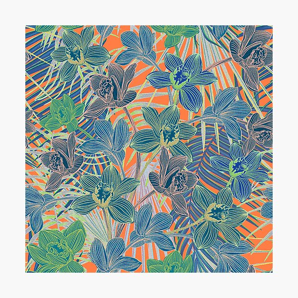 Item preview, Tropical pattern with yellow and green and blue exotic foliage with acid orchids on orange background designed and sold by ANAKOTO.