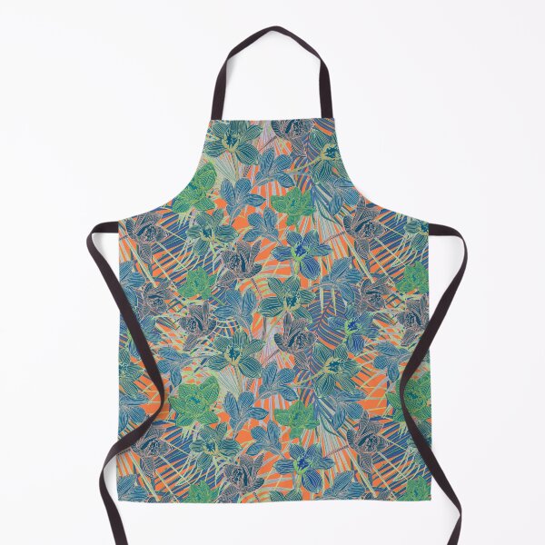 Item preview, Tropical pattern with yellow and green and blue exotic foliage with acid orchids on orange background designed and sold by ANAKOTO.