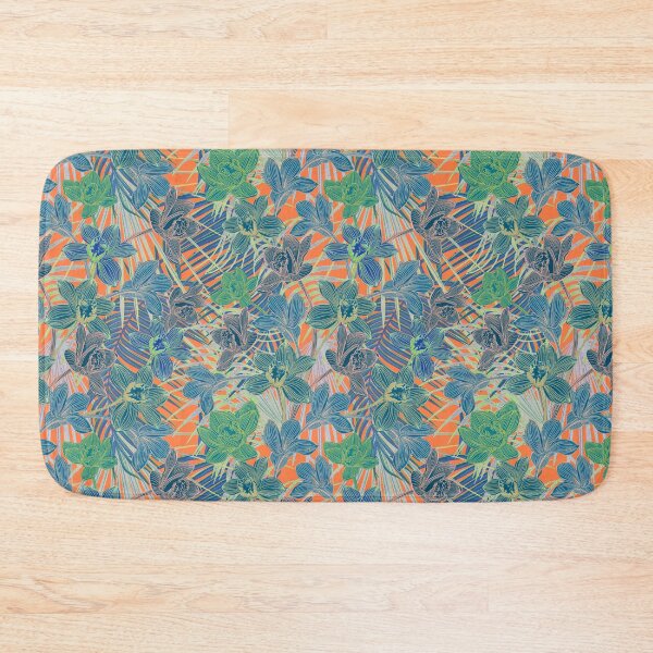Item preview, Tropical pattern with yellow and green and blue exotic foliage with acid orchids on orange background designed and sold by ANAKOTO.