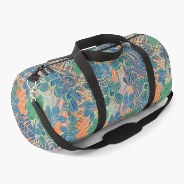 Item preview, Tropical pattern with yellow and green and blue exotic foliage with acid orchids on orange background designed and sold by ANAKOTO.