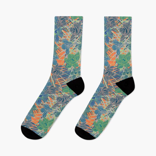 Item preview, Tropical pattern with yellow and green and blue exotic foliage with acid orchids on orange background designed and sold by ANAKOTO.