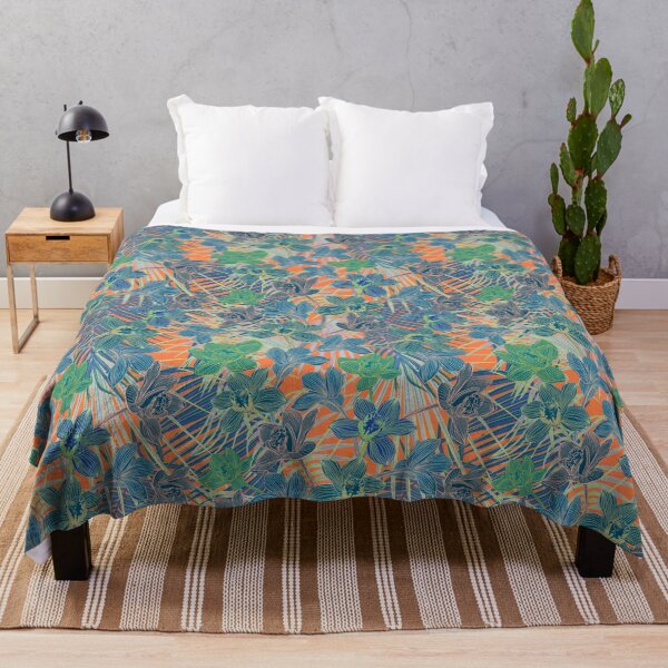 Item preview, Tropical pattern with yellow and green and blue exotic foliage with acid orchids on orange background designed and sold by ANAKOTO.