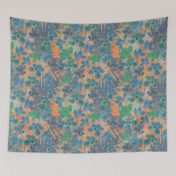 Item preview, Tropical pattern with yellow and green and blue exotic foliage with acid orchids on orange background designed and sold by ANAKOTO.