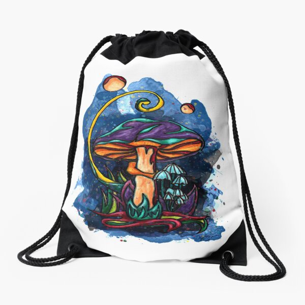 Fantasy mushrooms, with night blue backbround Drawstring Bag