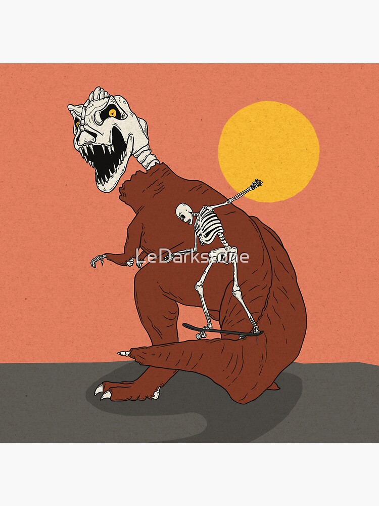 Thumbnail 3 of 3, Sticker, Prehistoric tyrannosaurus rex and skateboarding skeleton designed and sold by LeDarkstone.