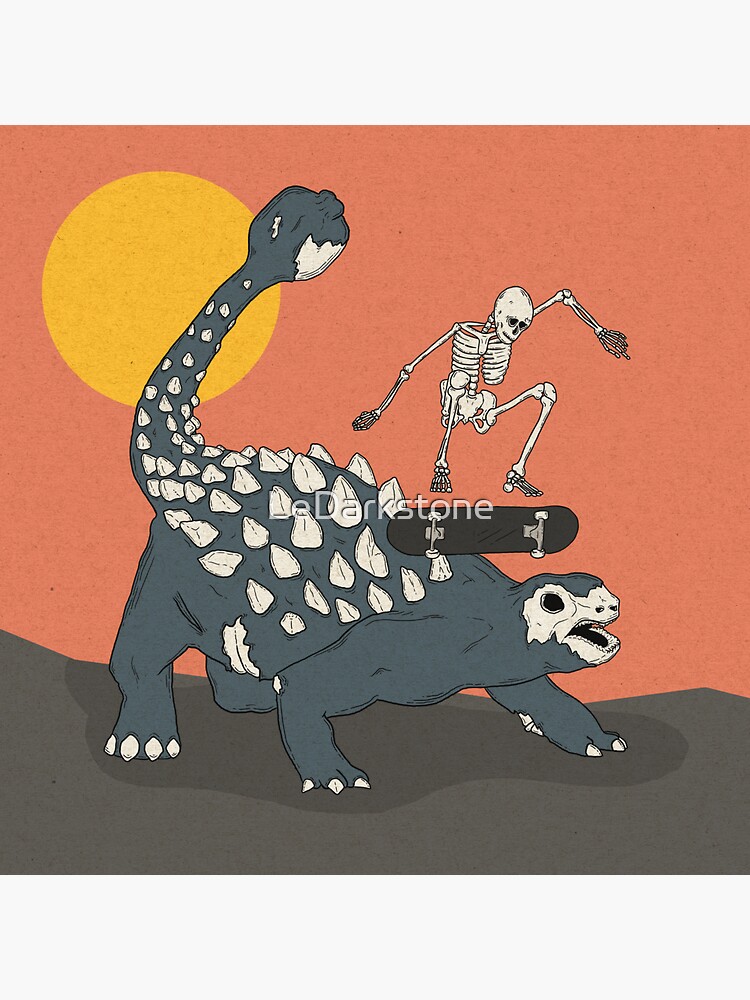 Thumbnail 3 of 3, Sticker, Ankylosaurus Dinosaur and a skateboarding skeleton designed and sold by LeDarkstone.