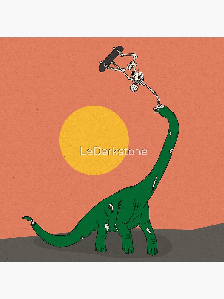 Thumbnail 3 of 3, Sticker, brachiosaurus and a skateboarding skeleton designed and sold by LeDarkstone.