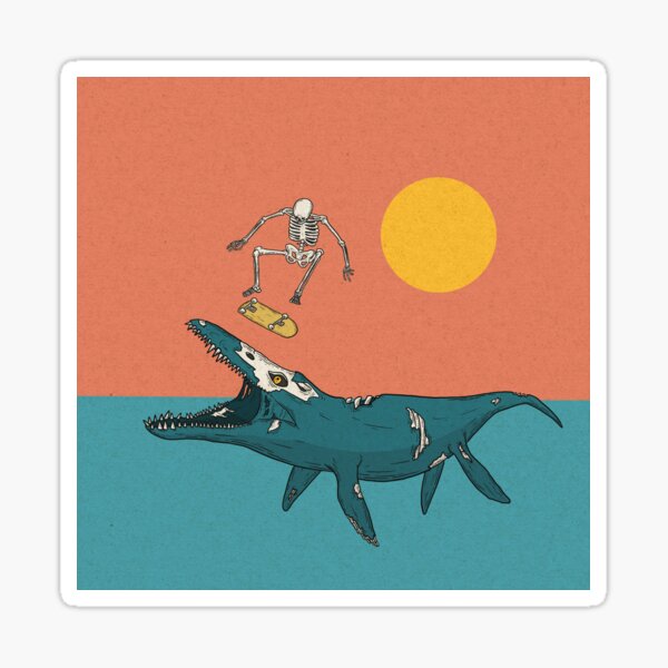 kronosaurus and a skateboarding skeleton Sticker