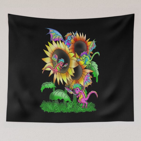 Item preview, Tiny dragons flying around big sunflowers designed and sold by CuisineCat.