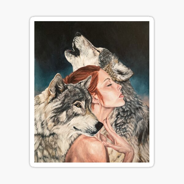 Item preview, Howling Inside - Magical Realism Art with Two Wolves and a Redhead designed and sold by EmilyDewsnap.