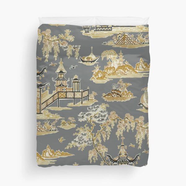 Vintage Wuhan Pagoda Garden Teahouse - Gray and Gold Chinoiserie Duvet Cover