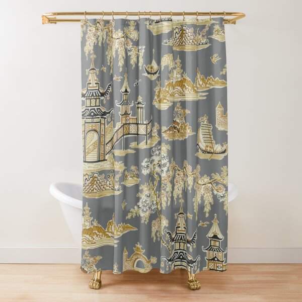 Vintage Wuhan Pagoda Garden Teahouse - Gray and Gold Chinoiserie Shower Curtain