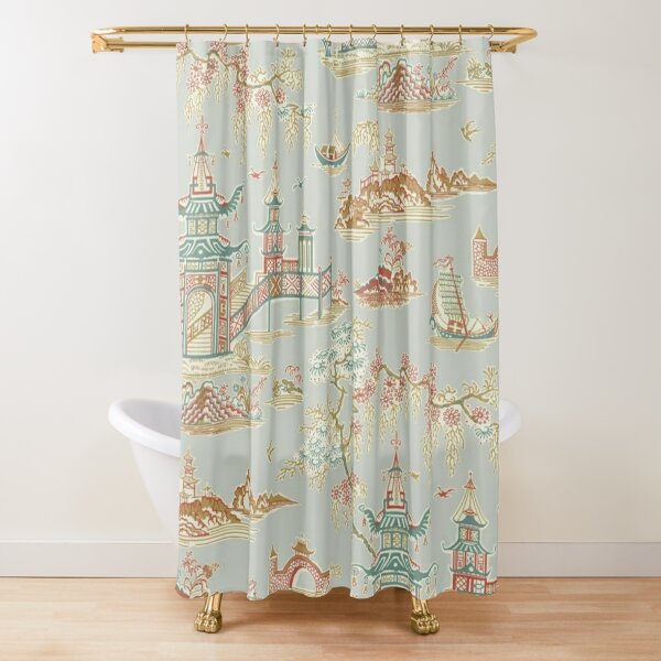 Wuwei Traditional Oriental Garden Teahouse - Gray and Gold Chinoiserie Shower Curtain