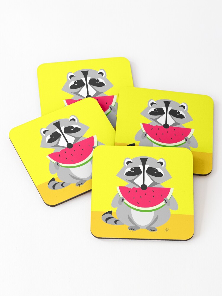 Thumbnail 1 of 5, Coasters (Set of 4), Abstract Raccoon Eating Watermelon designed and sold by studioart.