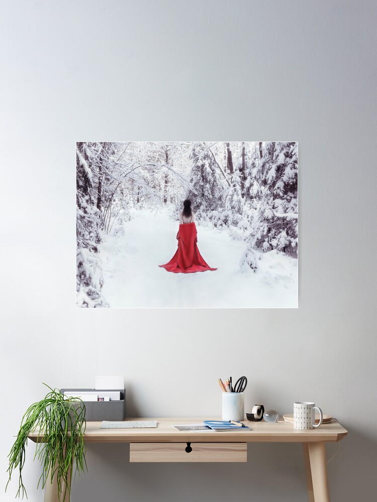 Woman in red kimono and bare shoulders walking away in snow Tote Bag