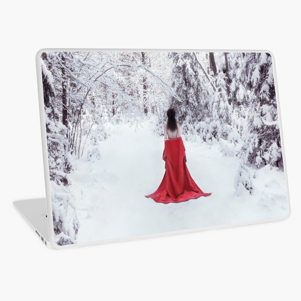 Woman in red kimono and bare shoulders walking away in snow Tote Bag