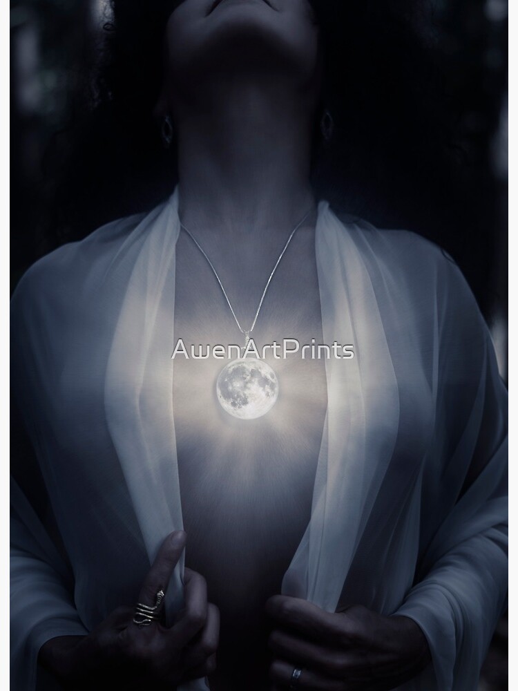 Woman with glowing Full Moon pendant on her chest Art Print by