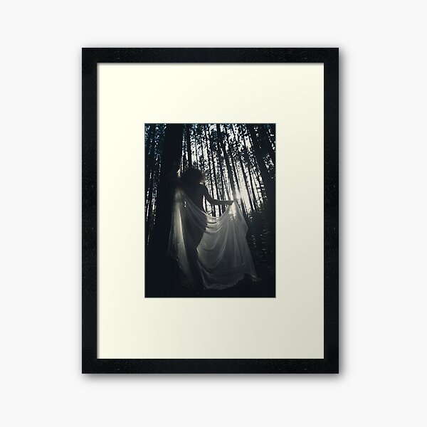 Item preview, Beautiful nude woman with sheer shawl walking through forest in dreamy sunlight glow art photo print designed and sold by AwenArtPrints.