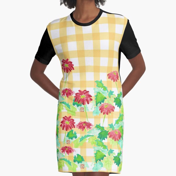 Watercolor Red Gerbera Gingham Yellow Weave Pattern Graphic T-Shirt Dress