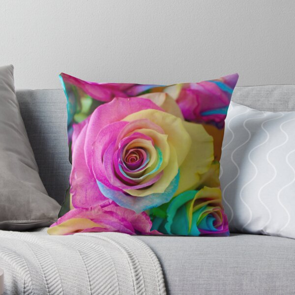 Neon Rainbow Roses Throw Pillow