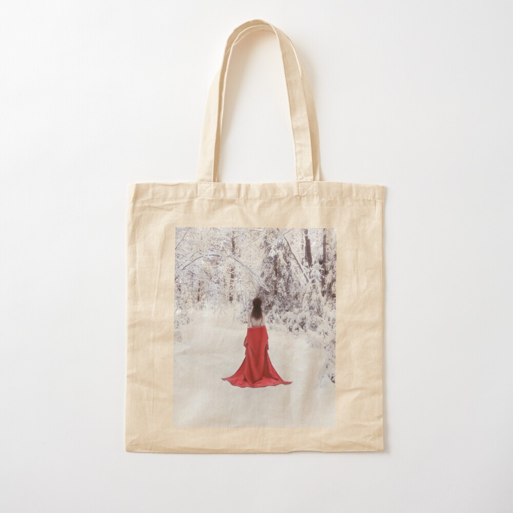 Woman in red kimono and bare shoulders walking away in snow art photo  print Tote Bag for Sale by AwenArtPrints