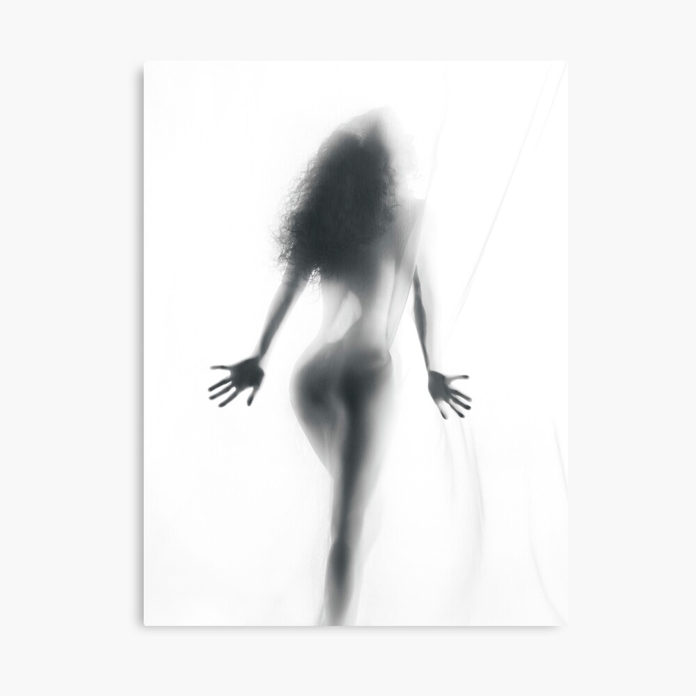 Abstract sensual woman silhouette behind white sheer curtain art print