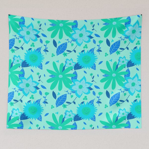 Item preview, Happy Smiling Flowers - Cartoon- Green on Mint designed and sold by Cosmic-Ferret.