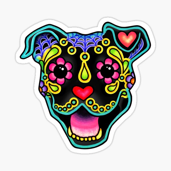 Item preview, Smiling Pit Bull in Black - Day of the Dead Happy Pitbull - Sugar Skull Dog designed and sold by Pretty In Ink.