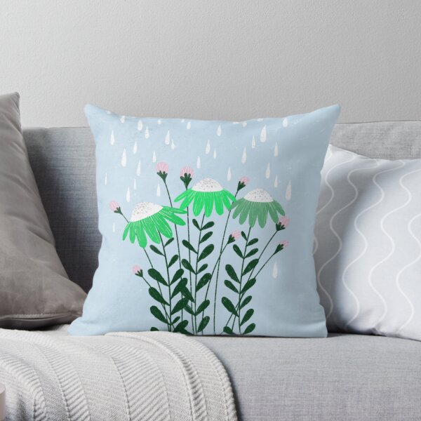 green flowers in the rain illustration Throw Pillow