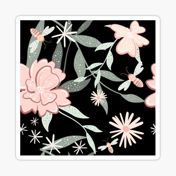 Bees and Wild Roses on Black Sticker