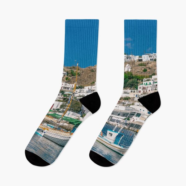 Item preview, Fishing Boats on the Old Port of Mykonos and Traditional White Greek Buildings designed and sold by JarbasVisuals.