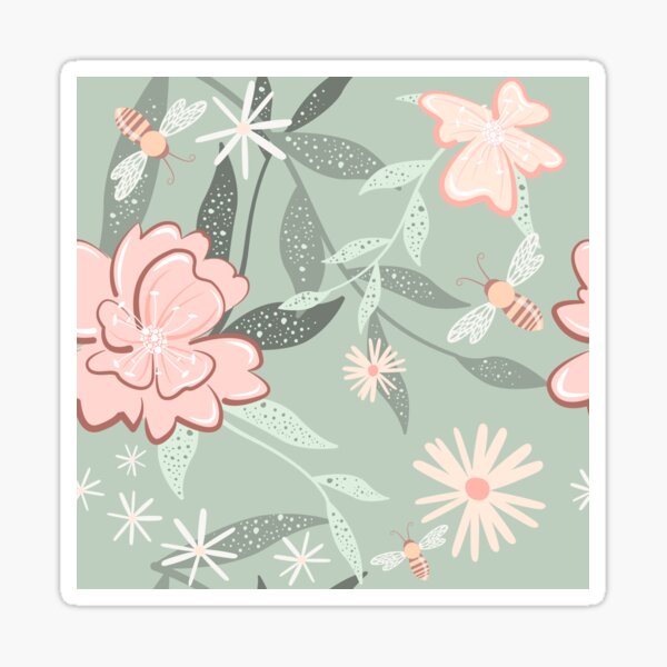 Bees and Roses on Sage Green Sticker