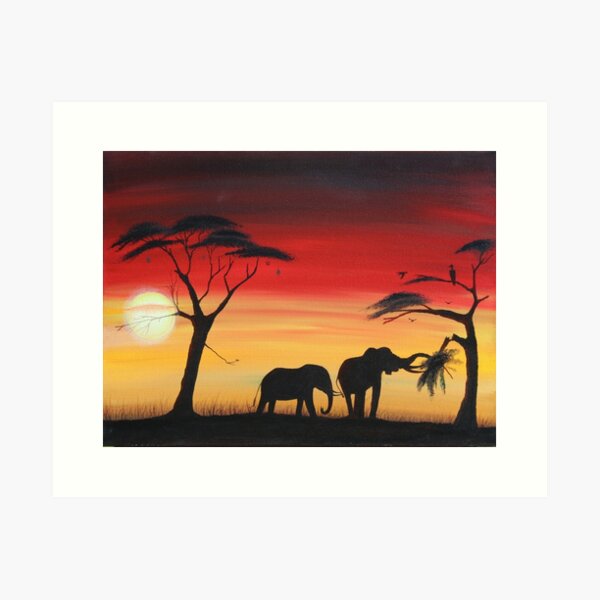 Elephant Sunset Art Print