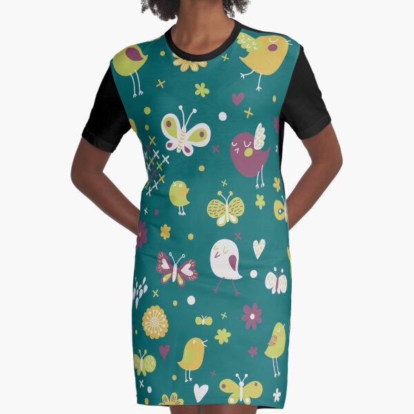 Teal, Chartreuse, Plum Birds and Butterflies Graphic T-Shirt Dress