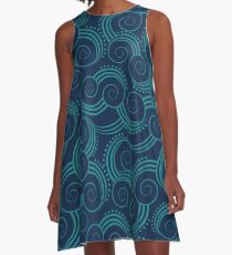 Navy and Teal Ocean Swirls A-Line Dress