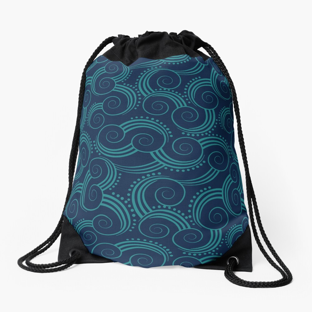 Navy and Teal Ocean Swirls Drawstring Bag