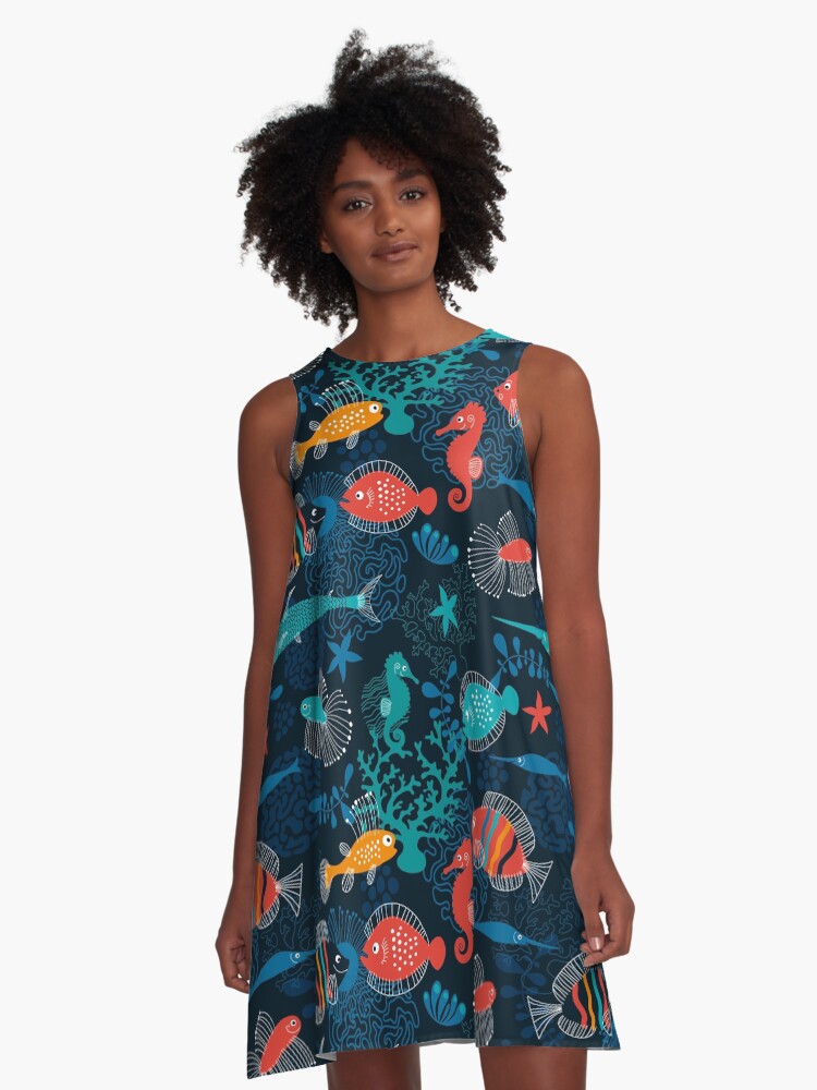 Thumbnail 1 of 4, A-Line Dress, Tropical Fish Under the Sea designed and sold by peacockcards.